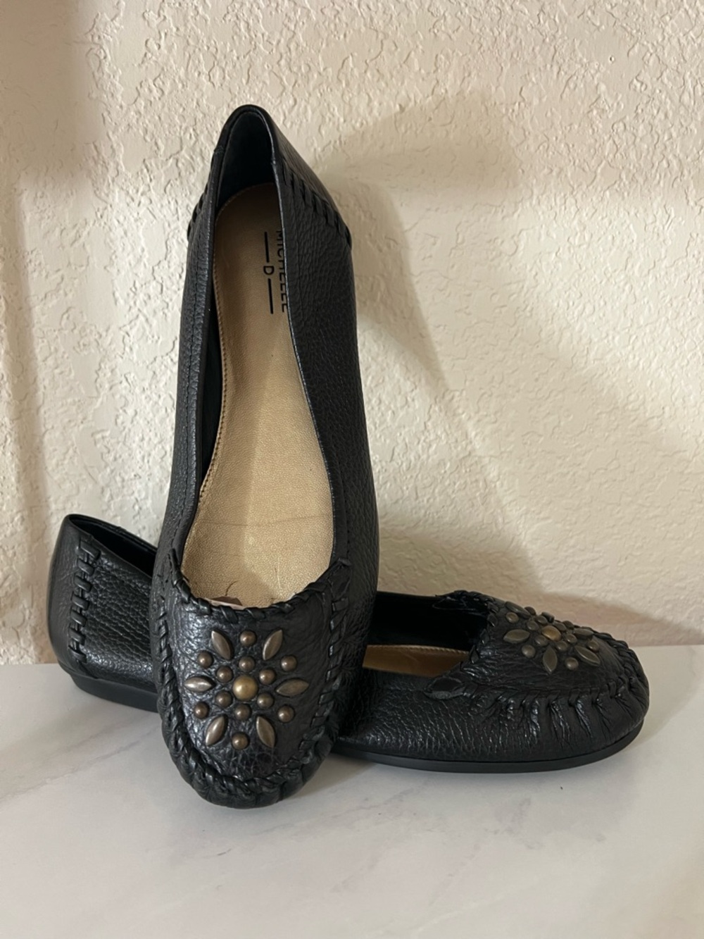 NEW Michele Black Leather Stud Flower Moccasin Flats